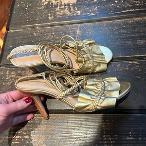 ULLA JOHNSON gold leather gorgeous heels lace up straps stiletto